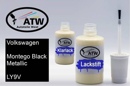 Volkswagen, Montego Black Metallic, LY9V: 20ml Lackstift + 20ml Klarlack - Set, von ATW Autoteile West.